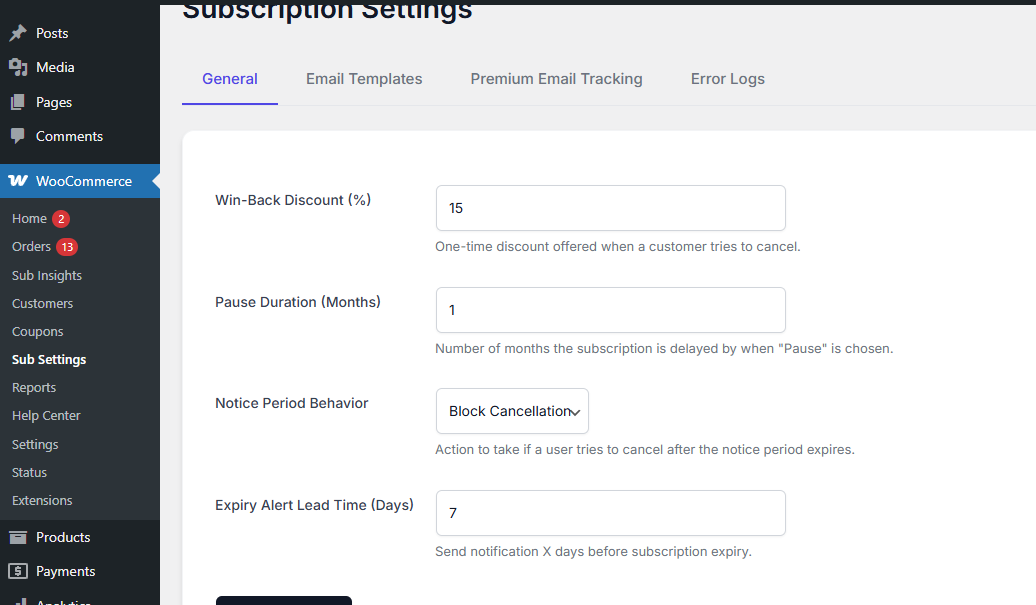 Subscription Settings on product page